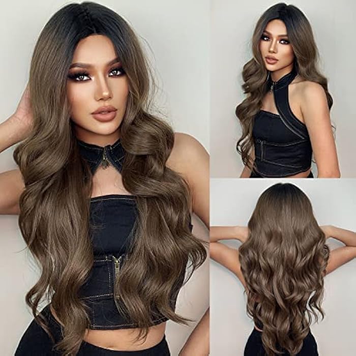 ECIF Brown Lace Front Wigs Long Brown Curly Wigs For Women With Dark Roots Wig With Babyhair Natural Glueless Heat Resistant Synthetic Wigs For Daily Use Dating Party Cosplay Taking Photos - Image 1